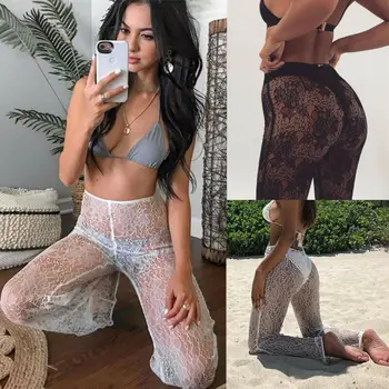 

Sexy Womens Pants High Waist Leg Mesh Lace See Through Long Trousers Mesh Sheer Wide Leg Transparent Pant Trousers Cover Up