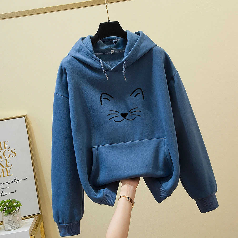 

Winter Pullover Sweatshirts Women Cat Kawaii Mujer Kangaroo Pocket Print Hoodies School Korean Hoody Streetwear Oversized Hoodie