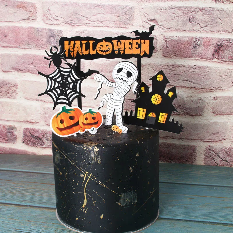 Halloween Cake Decoration Card Black Castle Batman Flag Pumpkin Witch Cake Dessert Topper Decoration Birthday Party Supplies
