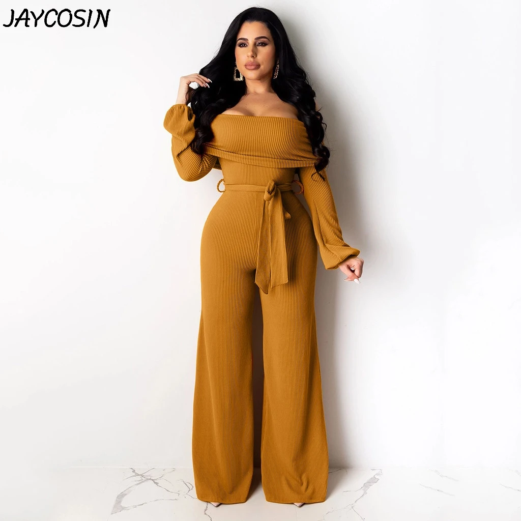 JAYCOSIN женский комбинезон, сплошной цвет, с открытыми плечами, модные, сексуальные, с длинным рукавом, дамские, с поясом, комбинезоны, вечерние, Клубные, широкие штаны, комбинезон