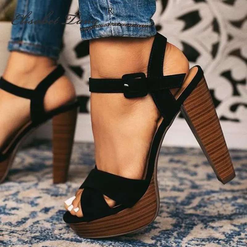 

ElisabetTang 2019 Women Classic Block High Heels Fetish Open Toe Platform Sandals Female Chunky Summer Shoes Ladies Black Heels