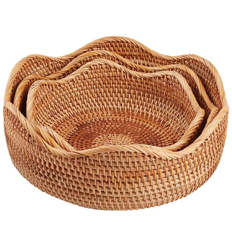 

Handmade Rattan Round Fruit Basket Food Storage Bowls Kitchen Organizer Snack Serving Bowl (3-Size Kit)
