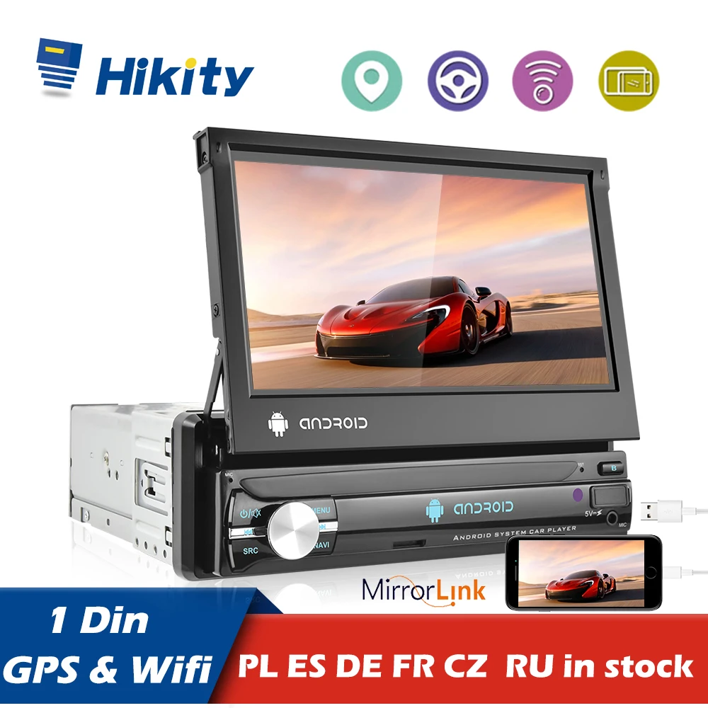 

Hikity Android 1Din GPS Stereo Receiver Microphone Navigation 7" HD Retractable Screen For VW Volkswagen Toyota Nissan KIA Ford