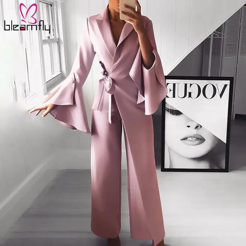 Flare Sleeve Wide Leg Pants Long Jumpsuit Women Autumn Fashion Elegant Workwear Formal Party Romper Belted Knot Side Jumpsuit