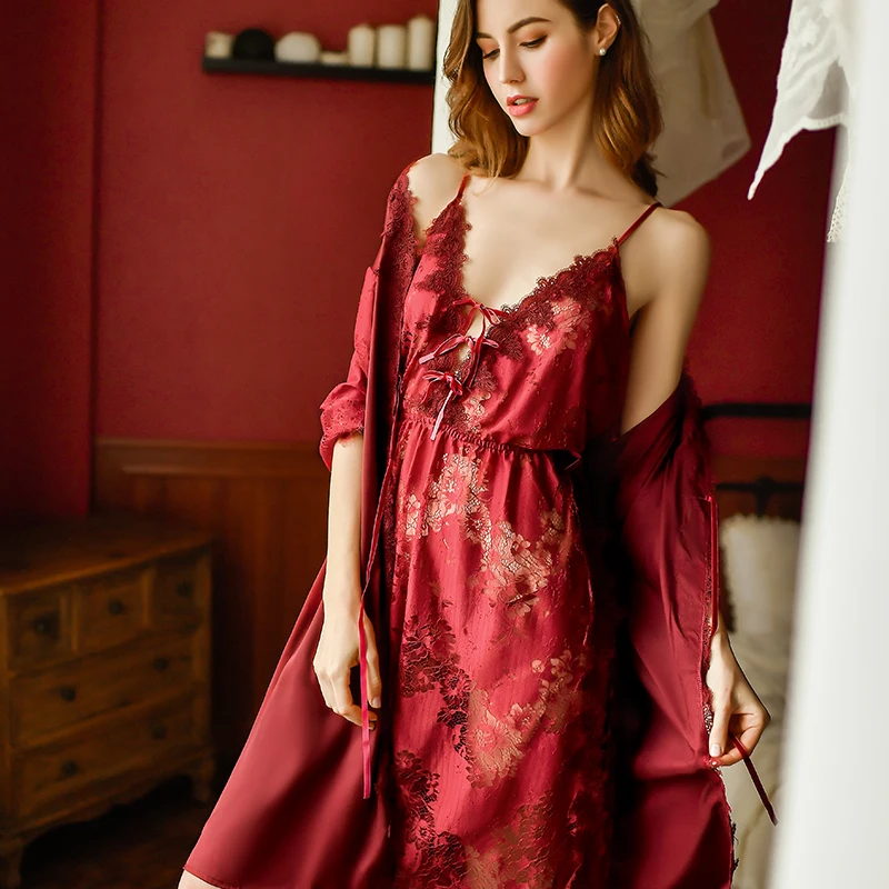 

Women Bathrobe Set Sexy Lingerie Home Clothes Long Sleeve Silk Robe Casual Pajamas Nightgown Nightdress Lace Lady Dress Suit