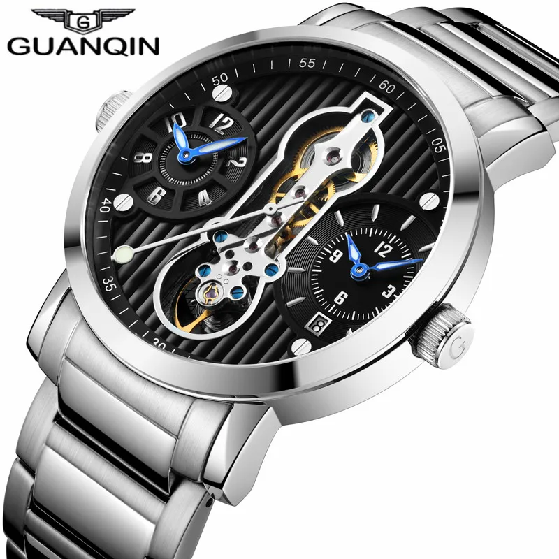 GUANQIN автоматические турбийон мужские часы механические часы Скелет Relogio Masculino спортивные водонепроницаемые дайвер