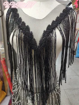 

2 Pieces Pearl Ribbon Beaded Fringe Black Necklace Tassel for Wedding Bridal Gown Dress/party Sewing