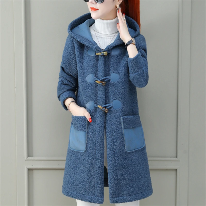 Grey blue Winter Lamb Fur coat Women Long Section Lambskin Coat Fashion New Thickening Plus Velvet Loose Hooded Warm Fur Jacket Female - Color: Grey blue