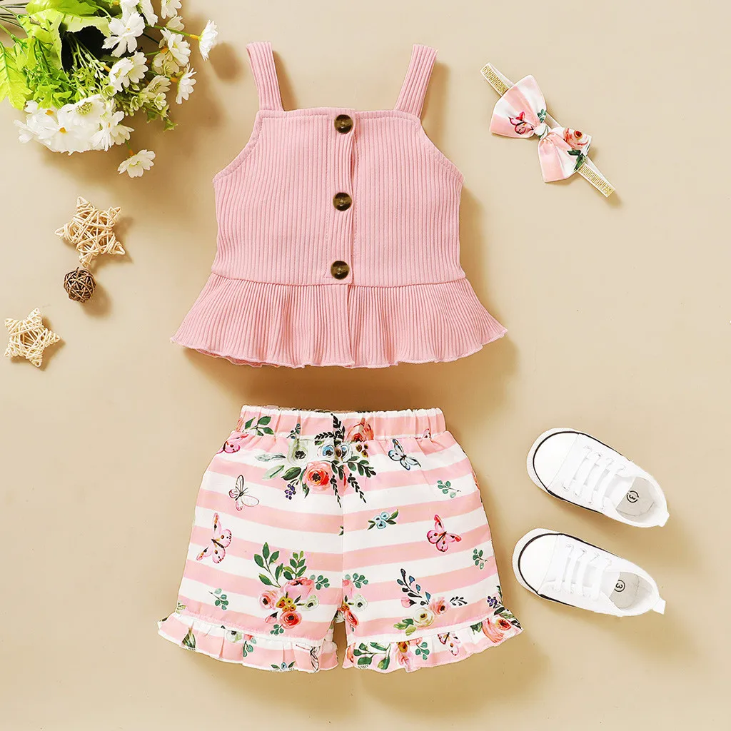 

(6M-3T) Children's frill solid color pit strip camisole top floral sunflower printed shorts + hair band set ruffled suspender S4