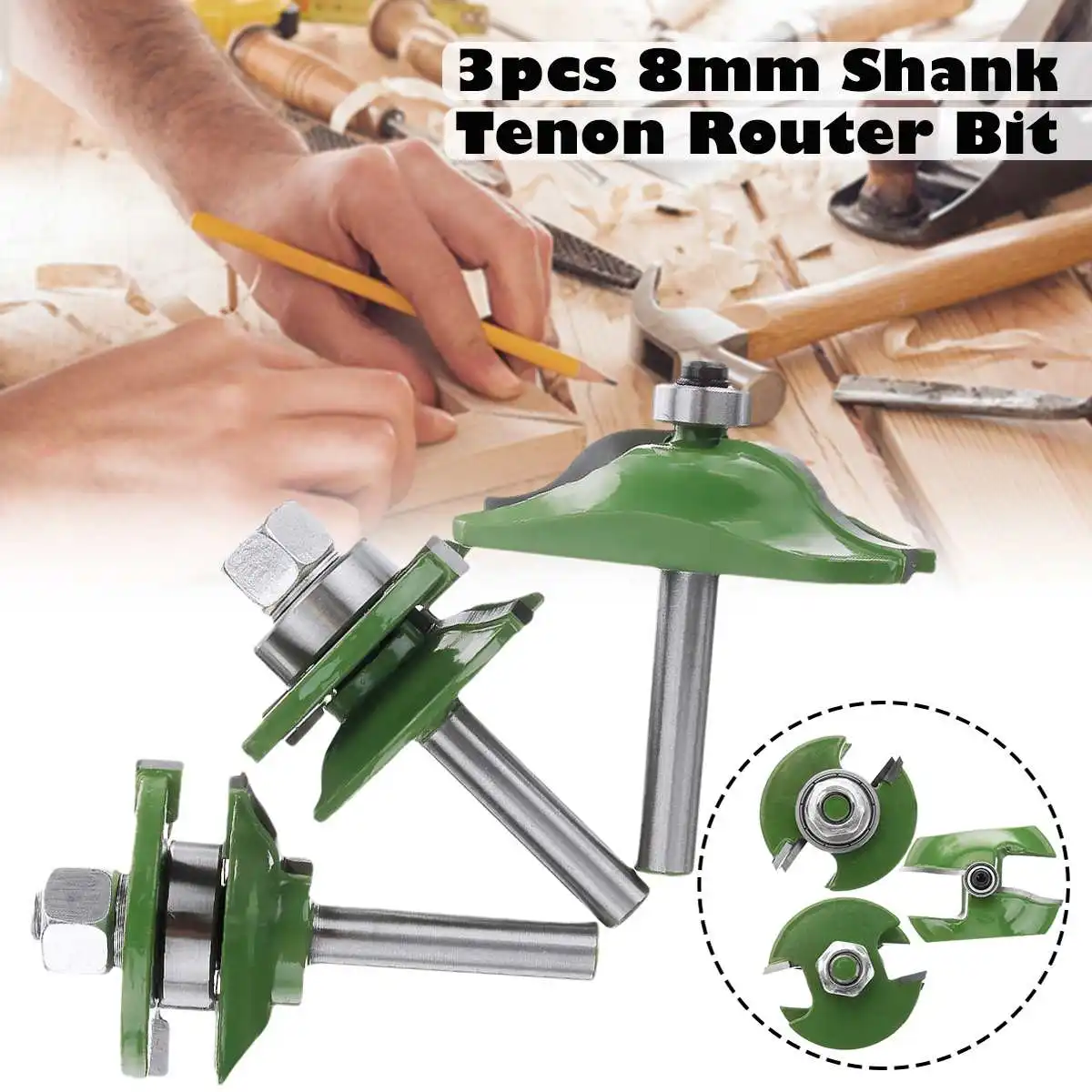 3pcs 8mm Shank Tenon Router Bit Cabinet Door Panel Milling Woodworking Cutter