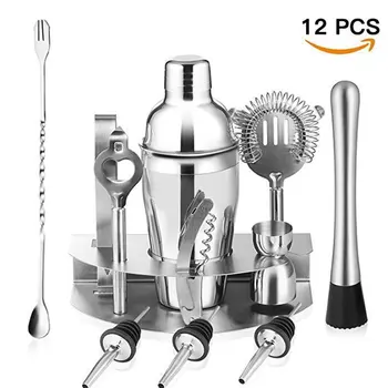 

12pcs Stainless Steel Cocktail Shaker Mixer Wine Martini Boston Set Barware Kit For Bartender Drink Party Bar 350-750ML Tools