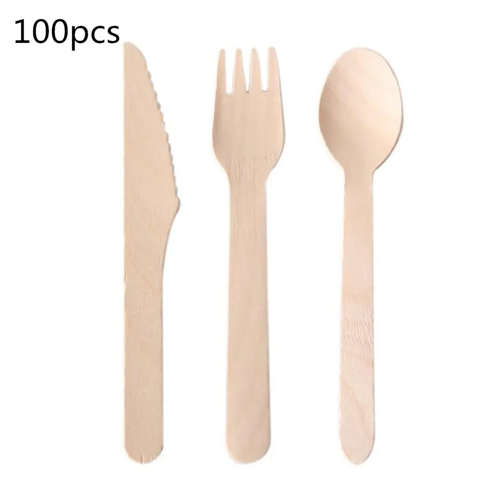 

100pcs Disposable Wood Spoons Forks Knifes Party Wedding Flatware Tableware Spoons for Jelly Ice Cream Dessert Appetizer