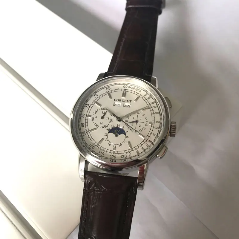 Топ бренд 42 мм Corgeut механические наручные часы moon Phase белый циферблат серебряный