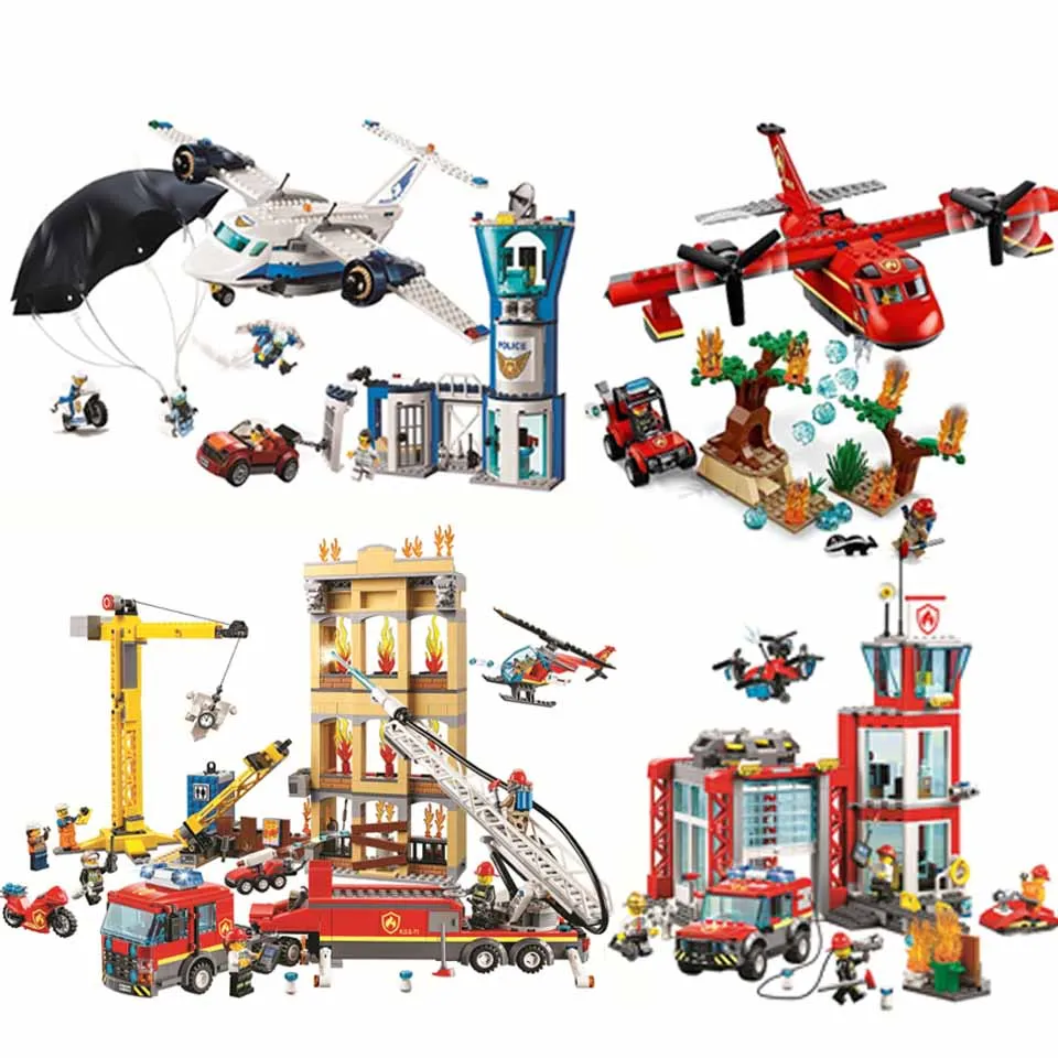 

NEW Fire Fighting Trucks Car Helicopter Boat Police Building Blocks compatible legoinglys City Firefighter Bricks children Toys