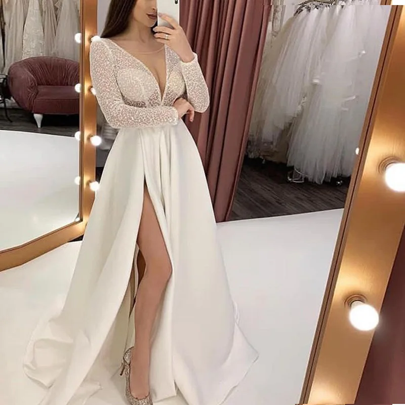 

New Arrival Sexy Evening Dresses Long 2019 Beads A line Full Sleeve Arabic Formal Occasion Party Prom Dresses