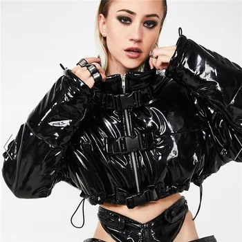 

2019 Winter Streetwear Fashions Sexy Long-sleeved Super Short Glossy Women's Jacket Coats PU Leather Cotton-padded Women Parkas