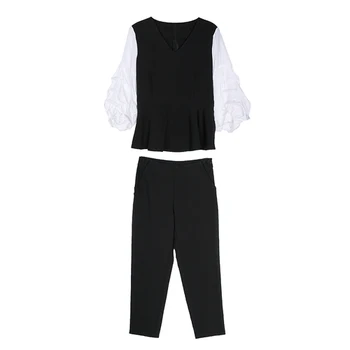

Black Two Piece Set Women Puff Sleeve Tops With Belt+pants Sets Spring Autumn Casual Office Elegant 2 Piece Set Women's Clothing