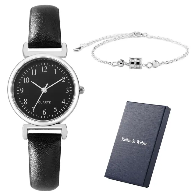 Business Women Quartz Watch Noble Brown Leather Strap Watch Silver Bracelet Ladies Christmas Gifts Set with Box for Mother Gift Set E