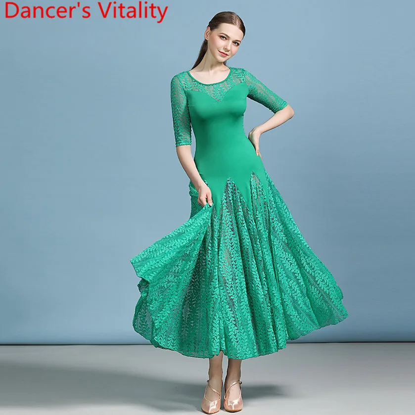 Adult Modern Dance Clothes National Standard Dance Wear Lace Splicing Big Hemlines Dress Ballroom Waltz Jazz Dancing Costume