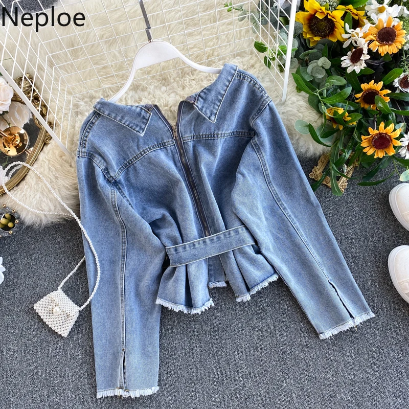 Корейская шикарная тонкая джинсовая куртка Neploe с поясом отложным воротником и