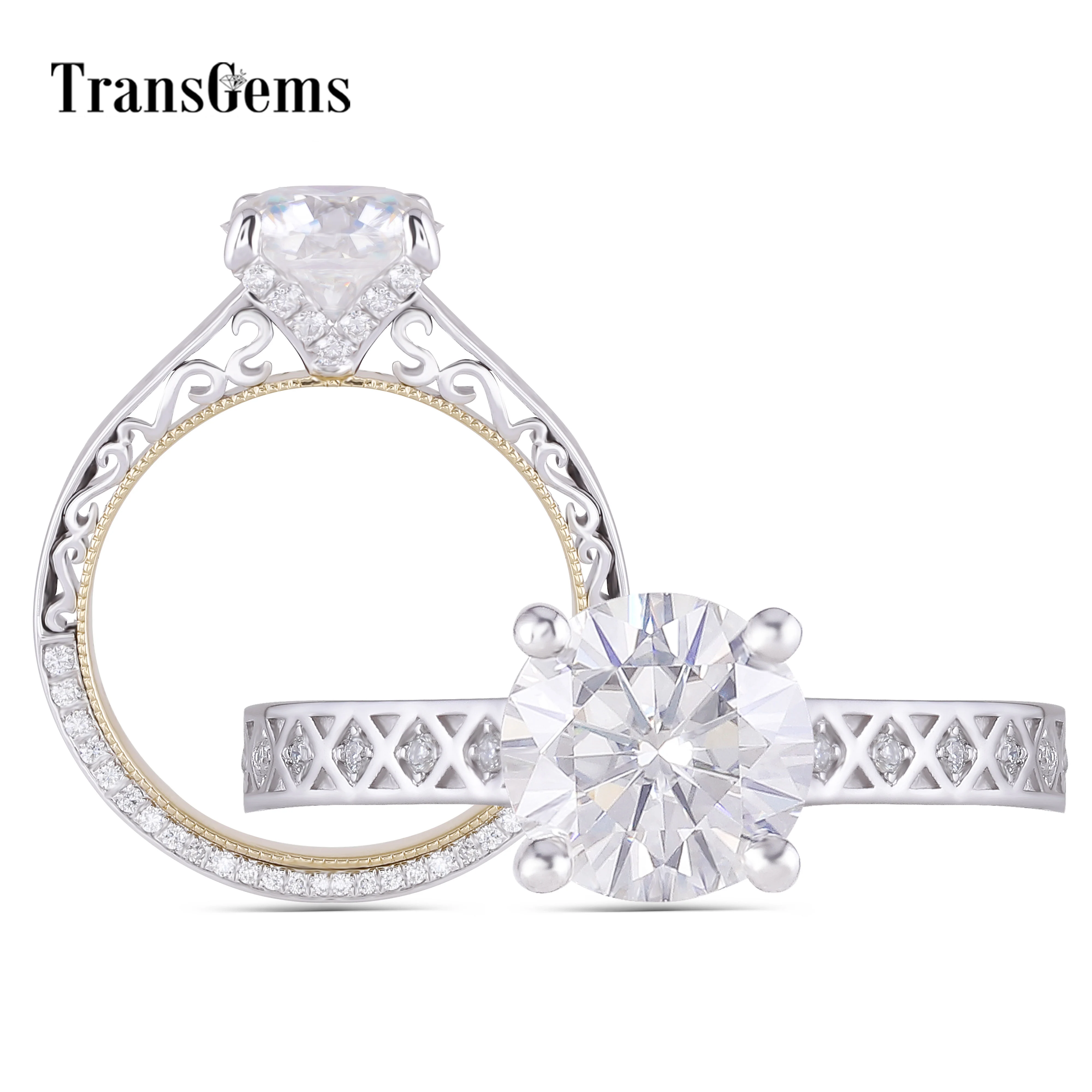 

Transgems 14K White and Yellow Gold 2ct 8mm GH Color Moissanite Vintage Engagement Ring with Accents For Women Anniversary Gifts
