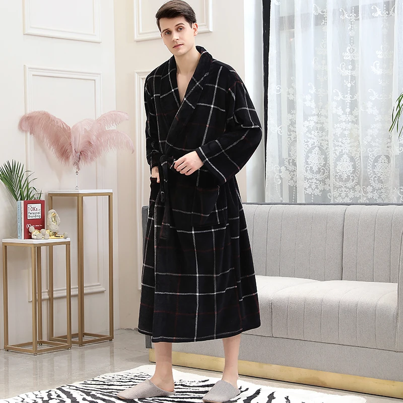 Women Winter Warm Plaid Long Flannel Bathrobe 40-130KG Plus Size Bath Robe Cozy Kimono Robes Night Dressing Gown Men Sleepwear - Цвет: Men Red Plaid