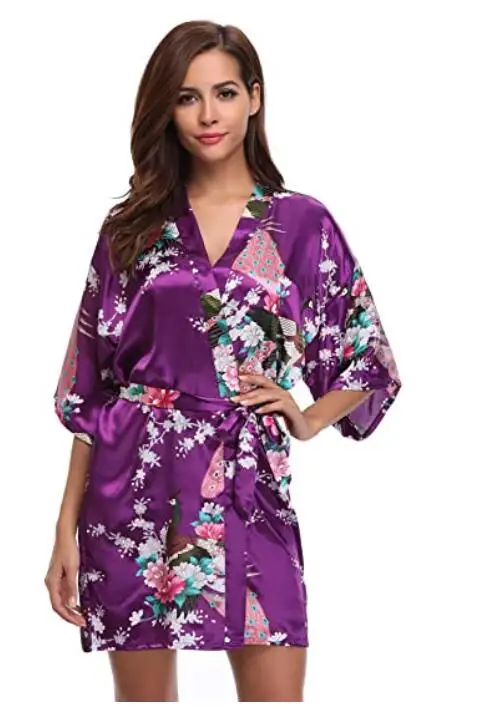 Female Printed Floral Kimono Dress Gown Chinese Style Silk Satin Nightgown S M L XL XXL