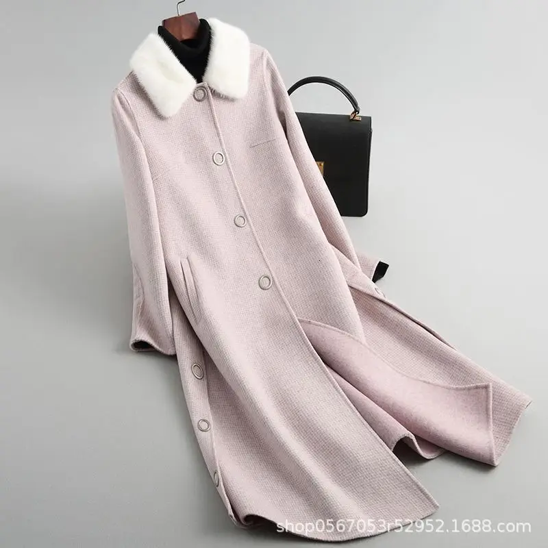 pink Шерстяное пальто для женщин, двухсторонняя длинная куртка, Воротник из меха норки, корейский стиль, Осень-зима, женские пальто и куртки Abrigo Mujer 887188 YY464 - Цвет: pink