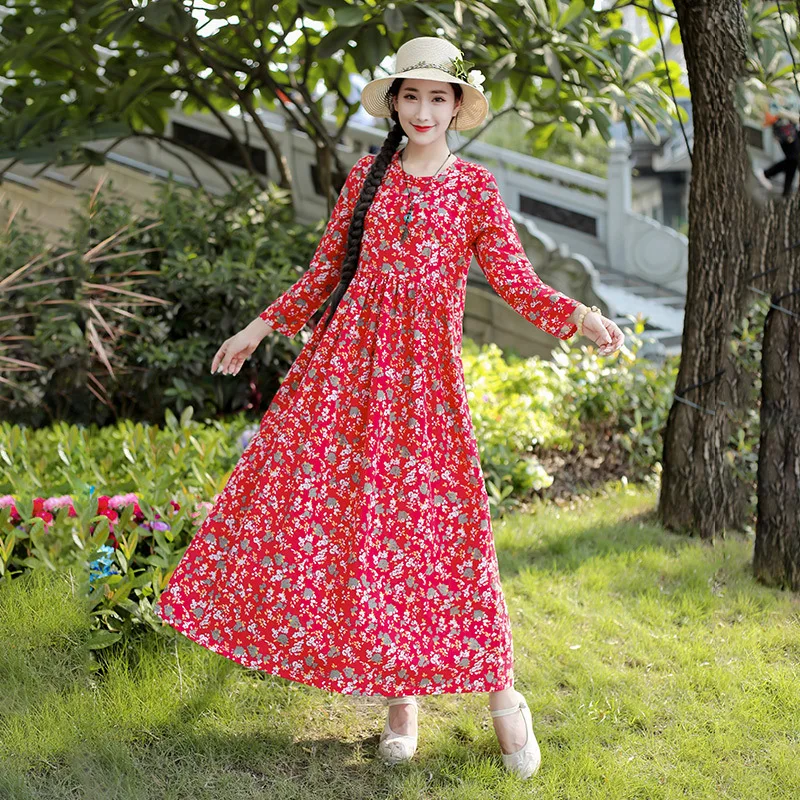 

2019 Autumn New Style Ethnic-Style Mid-length Large Size Dress Loose Cotton Linen Floral-Print Long-sleeved Dress Women's