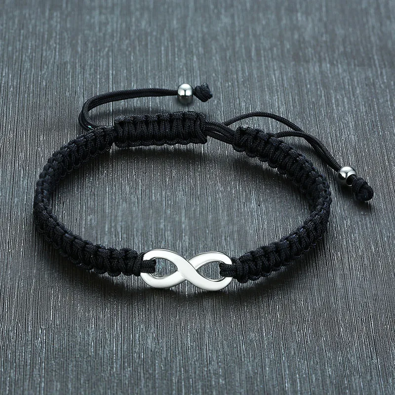 

Adjustable Black String Rope Bracelet with Stainless Steel Infinity Charm