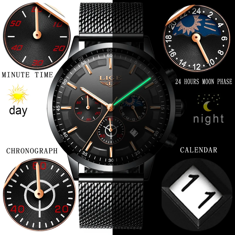 

Relogio LIGE Mens Watches Top Brand Luxury Casual Quartz Wristwatch Men Fashion Stainless Steel Waterproof Sport Chronograph+Box