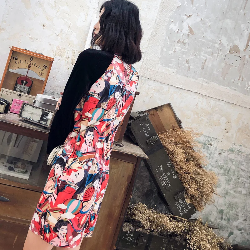 Винтажное женское модное платье бархатное с длинными рукавами и принтом qipao