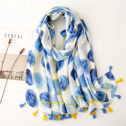 2022 Spain Fashion Autumn lady Viscose Scarf Loop Blue Stone Tassel Hijab Shawls and Wraps Female Foulards Echarpe Muslim Sjaal