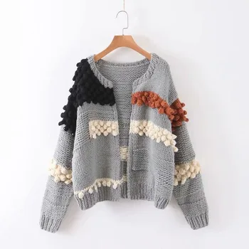

FUN-PROUDEF 2020 European Autumn and Winter New Fashion Wild Handmade Ball Colorful Loose Knitted Cardigan Sweater Women