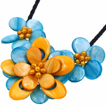 

Fashion Women Jewelry Yellow Pearl & Light Blue Mother Of Pearl Shell Flower Necklace