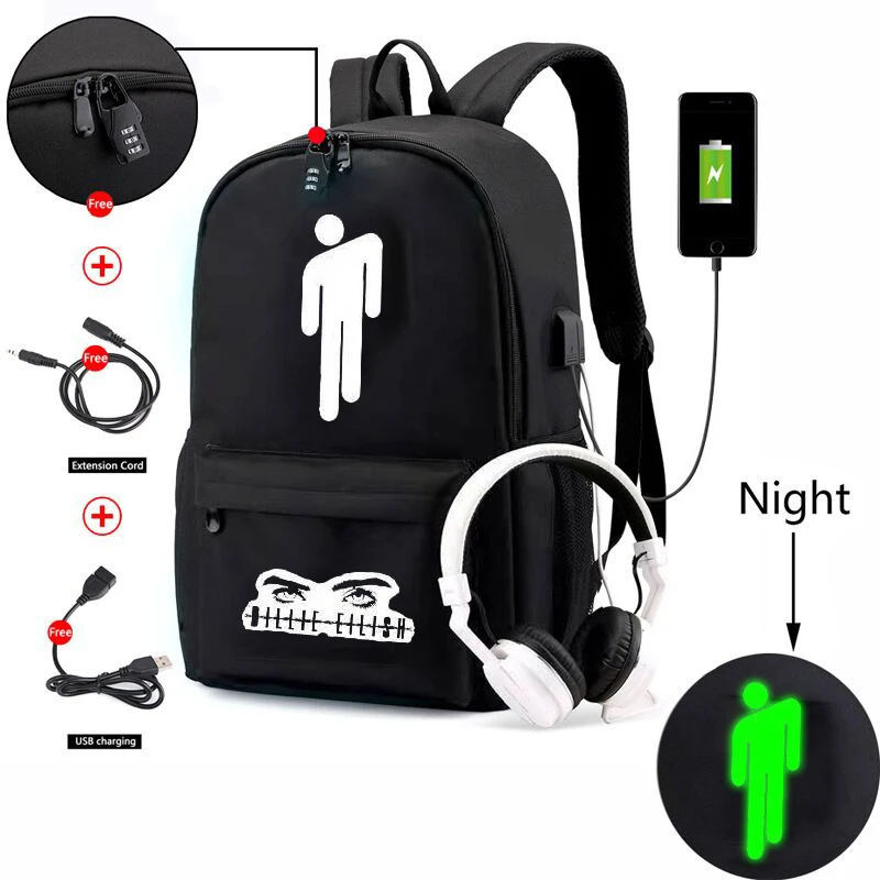 Холщовый светящийся водонепроницаемый Billie Eilish рюкзак для мальчиков и девочек Противоугонный ноутбук DJ USB студенческий школьный рюкзак MenWomenbag - Цвет: 4