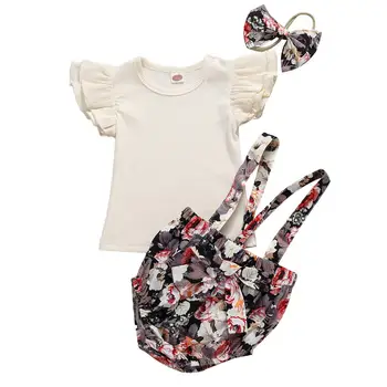 

Baby Girls Outfit Fly Sleeve T-shirt Floral Printing Suspender Shorts Bow Headwear Set Summer Casual Round Collar Top with Short