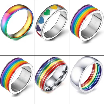 

Multicolor Mens Womens Rainbow Colorful LGBT Pulsera Ring Stainless Steel Wedding Band Lebian & Gay Rings Drop Shipping