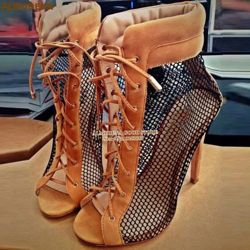 

ALMUDENA Apricot Suede Patchwork Mesh Booties Stiletto Heels Peep Toe Lace-up Ankle Boots Net Pattern Party Shoes Gladiator Boot