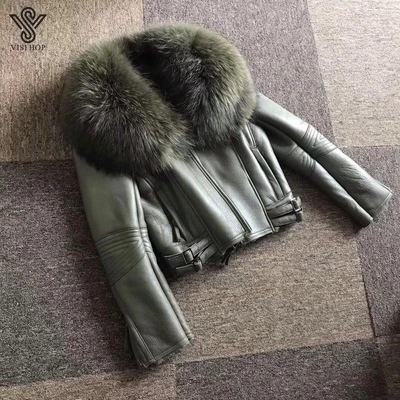 VISI HOP VS4201 Winter Female Warm Collocation Big Real Raccoon Fur Collar fox Natural Sheepskin Leather Short Style Jacket best winter jackets Coats & Jackets