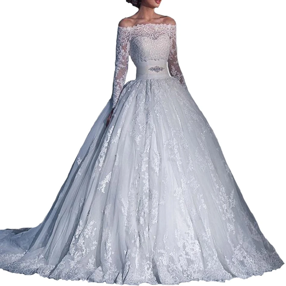 Elegante Manga Larga Transparente Vestido Corse De Baile Vestido De Novia Europeo Ultimo Vestido De Novia Delicado Fuera Del Hombro