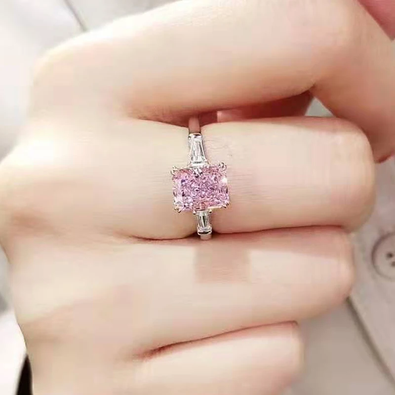OEVAS 100% 925 Sterling Silver 2 Carats Pink High Carbon Diamond Rings For Women Sparkling Wedding Party Bridal Fine Jewelry