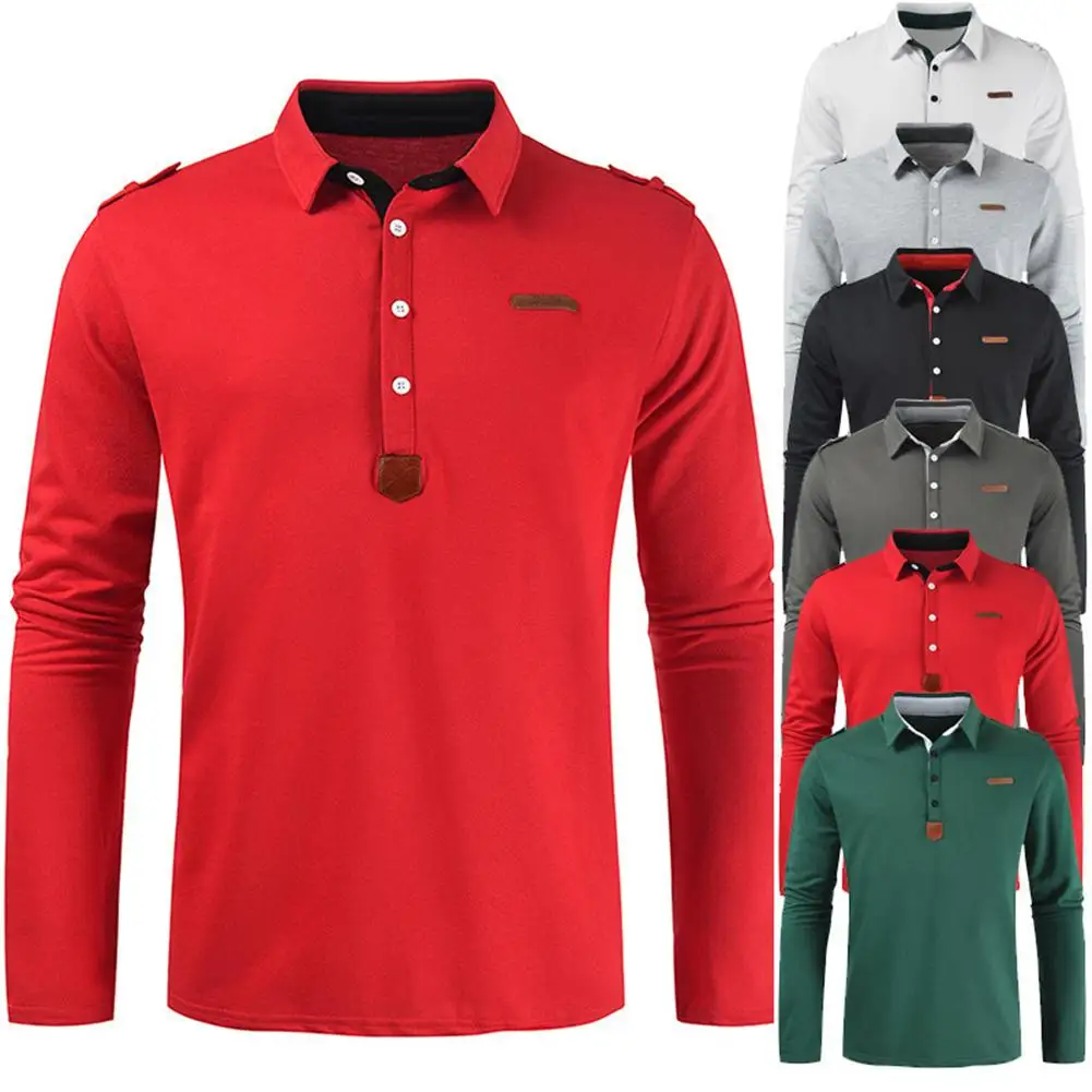 

Fashion Men T-Shirt Color Block Button Lapel Long Sleeve Pullover Shirt Blouse Business Clothing Solid Shirt