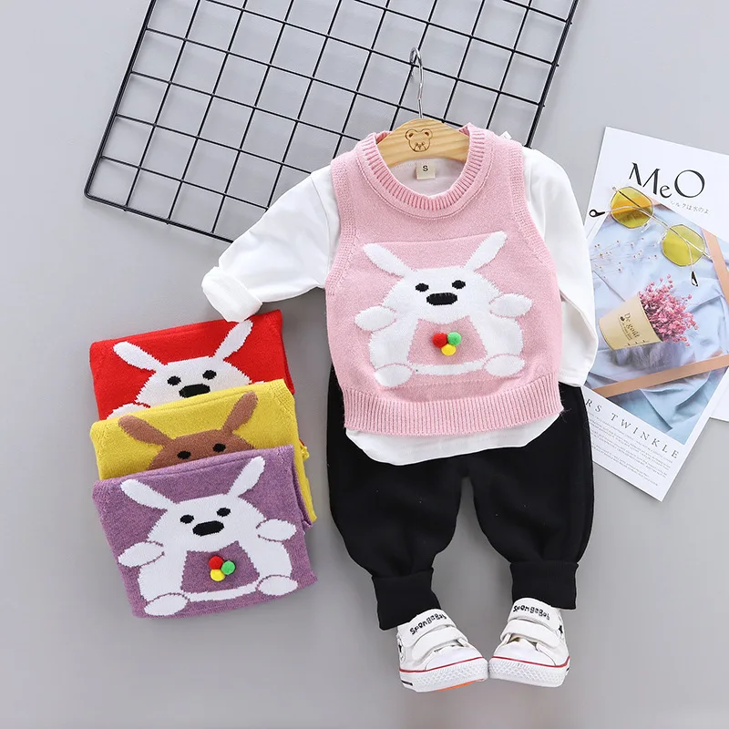 

201 9 New Style Korean-style Cotton Girls Cartoon Sweater Waistcoat Three-piece Set Spring And Autumn Infants Children Childrens