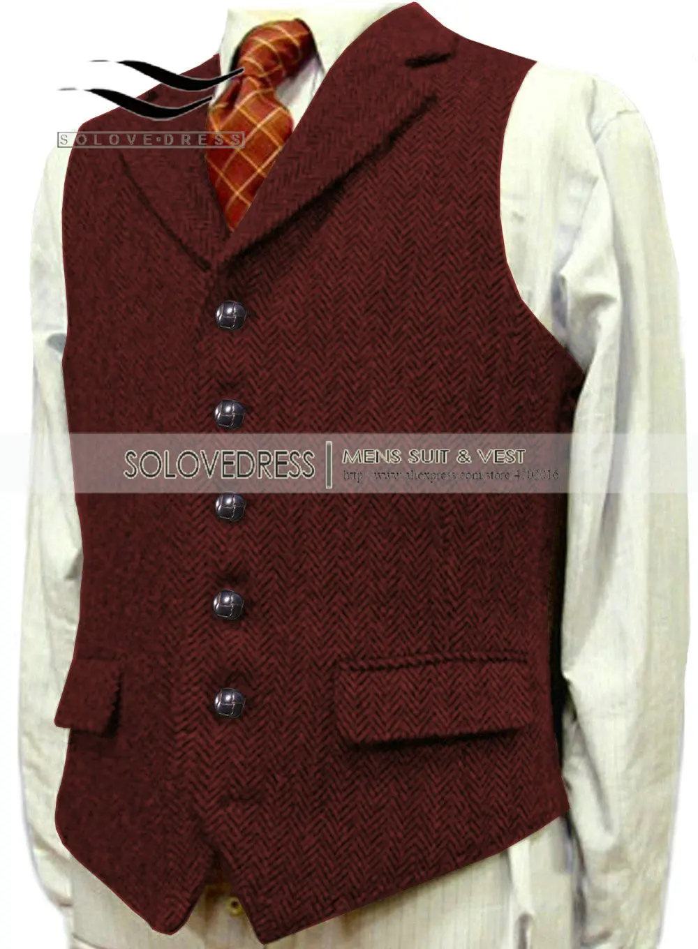 Men's Wool Tweed Slim Fit Leisure Cotton Suit Burgundy Vest Gentleman Herringbone Business Brown Waistcoat For Wedding Groom 3