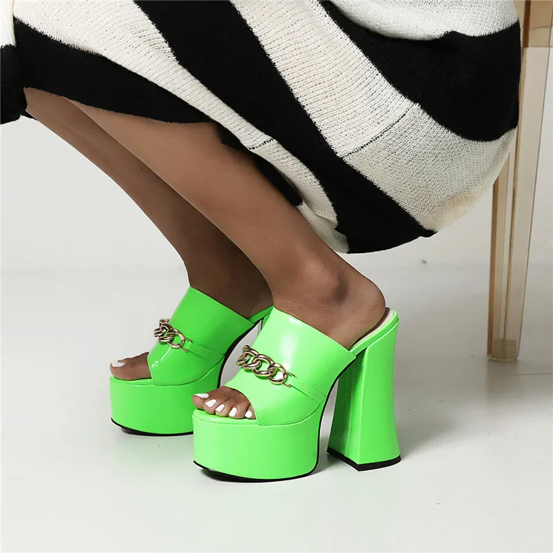 Asumer Summer Slippers New Sexy High Heels Platform Shoes Peep Toe Chain European Style Party Shoes Women Slippers Green