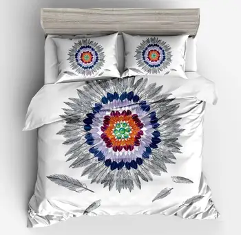 

Indie Duvet Cover Set Ethnic Feathers Colorful Ornaments Bohemian Tribal Print Soft Microfiber 3Piece Bedding Set No Comforter