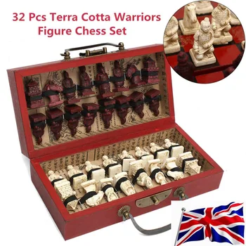 

Newest Chinese Wood Leather Box With 32 Pieces Terra Cotta Figure Chess Set Entertainment Checkers Chess Traditional Games