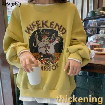 

Hoodies Women Plus Velvet Pullovers Sweatshirts Printed Letter Loose O-Neck Casual Korean Style Chic All-match Leisure Daily New