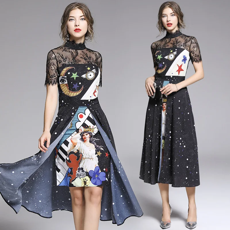 

Very Fairy of France Non-mainstream Lace High-waisted Dress 2019 New Style Summer Korean-style Joint Waist Hugging Elegant Long